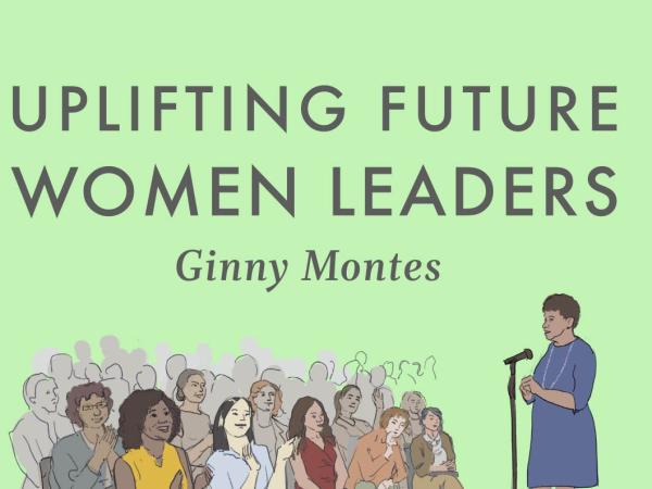 Graphic featuring a black and white photo of Ginny Montes speaking into a microphone, the video title, and an illustration of Montes speaking to a group of seated women.