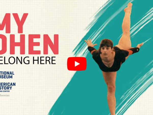 Graphic featuring a photo of Amy Cohen doing a split while standing on a balance beam