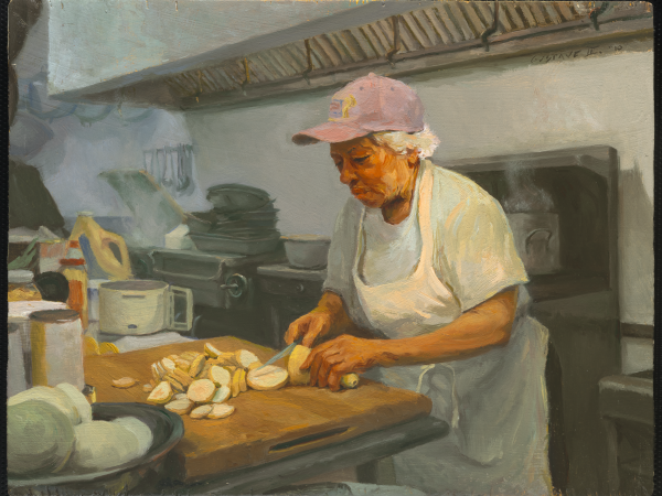 Painting of Leah Chase cutting a yellow squash in a restaurant kitchen