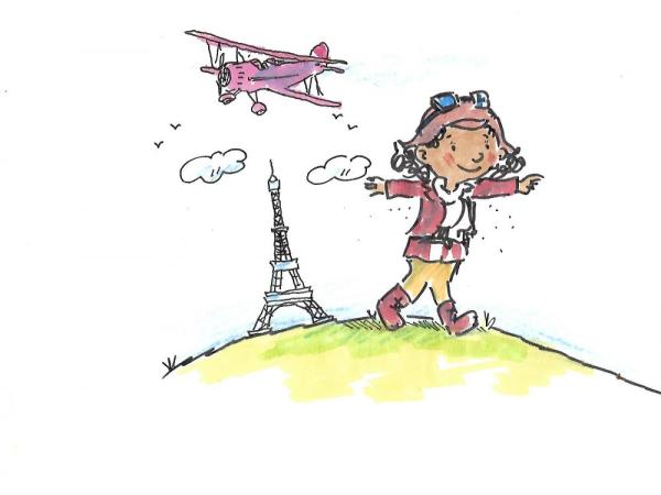 Drawing of Bessie Coleman in aviator gear standing next to the Eiffel Tower. A biplane soars overhead.