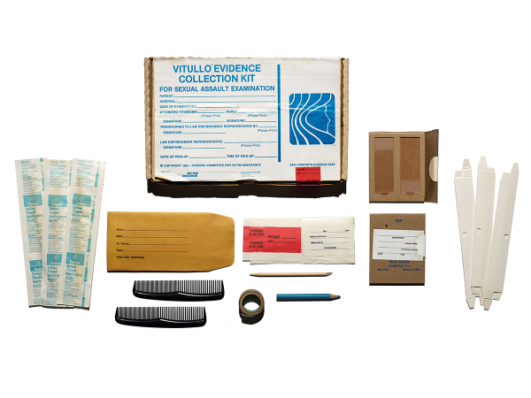 Contents of evidence kit, including combs, envelopes for evidence, cotton tipped swabs and more