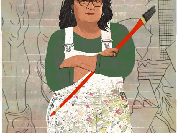 Illustration of Judy Baca with an oversize paintbrush in front of a mural