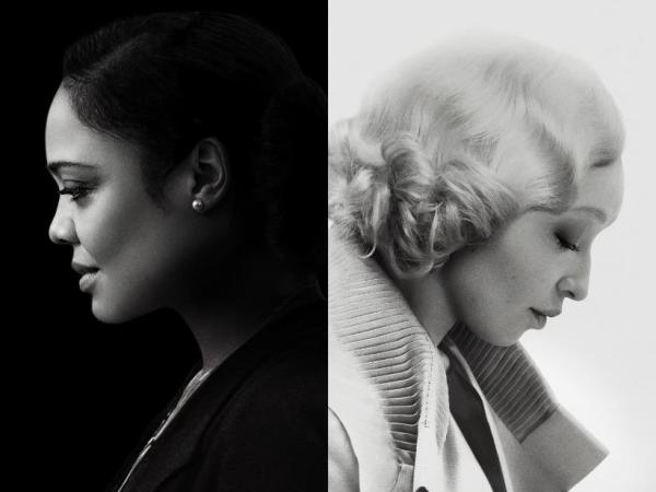 Film poster for Passing featuring black and white photos of Tessa Thompson on a black background and Ruth Negga on a white background.