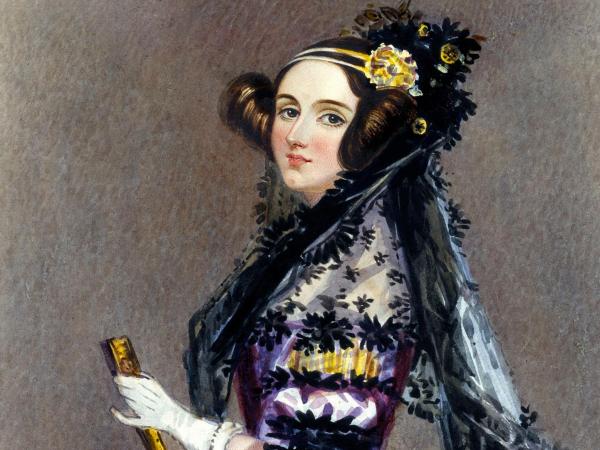 Ada Lovelace in a purple gown holding a gold fan.