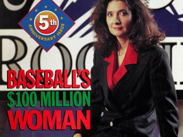 Magazine cover with photo of Linda Alvarado in a suit seated behind a Colorado Rockies logo. Headline: Baseball&#039;s $100 Million Woman