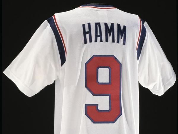 Soccer jersey with Hamm and the number nine on the back, white jersey with red and blue detail