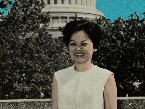 Colorized photo of Patsy Mink in front of the US Capitol