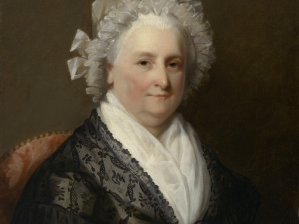 Painting of Martha Washington, wearing a bonnet and a black shawl