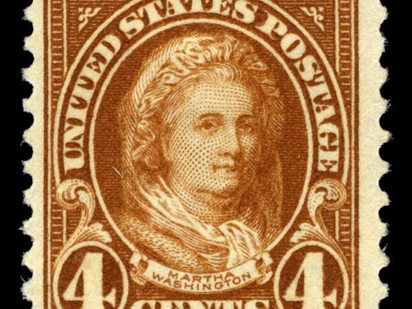 Stamp featuring an engraving of Martha Washington. Text on stamp: United States Postage