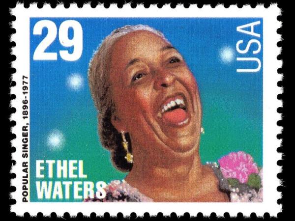 Ethel Waters singing on a US Stamp. Text around her reads: 29, USA, Ethel Waters, Popular Singer, 1896-1977