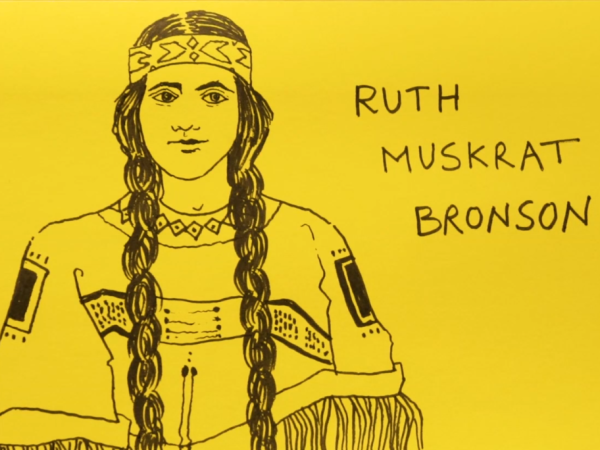 Line drawing of Ruth Muskrat Bronson on a yellow post-it note. She wears traditional Cherokee clothing and wears her hair in two long braids.