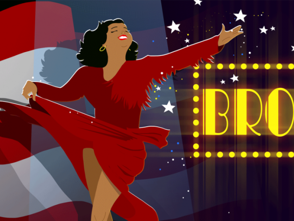 Illustration of Diosa Costello in front of a Puerto Rican flag. 