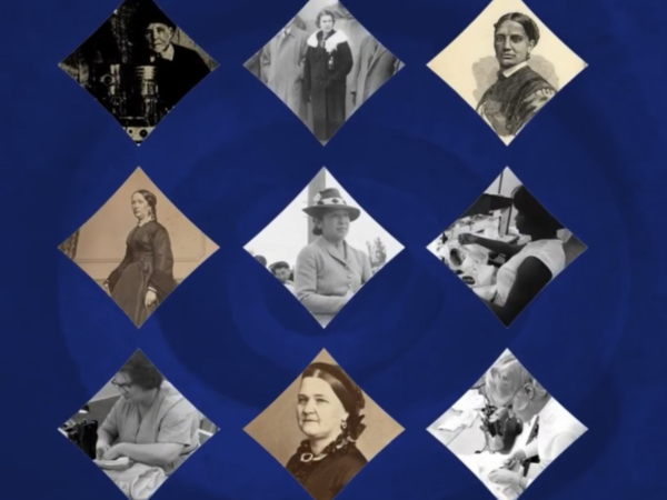 9 diamonds with images of historically significant women on a blue background.