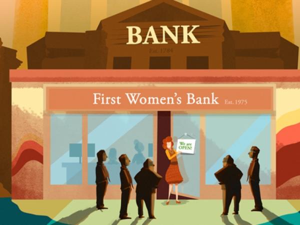 Illustration of three large bank buildings surrounding a building with the sign "First Women's Bank Est. 1975".