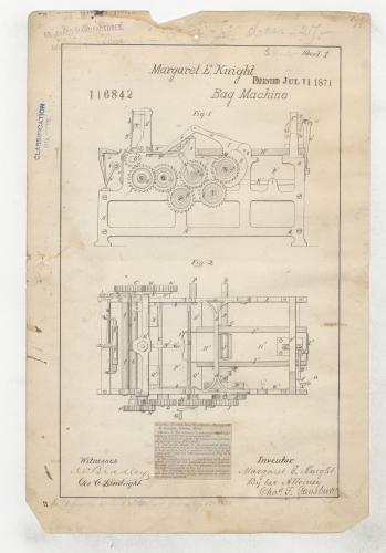 Aged paper document titled “Margaret E. Knight, Bag Machine” with side view and top view diagrams of the machine.