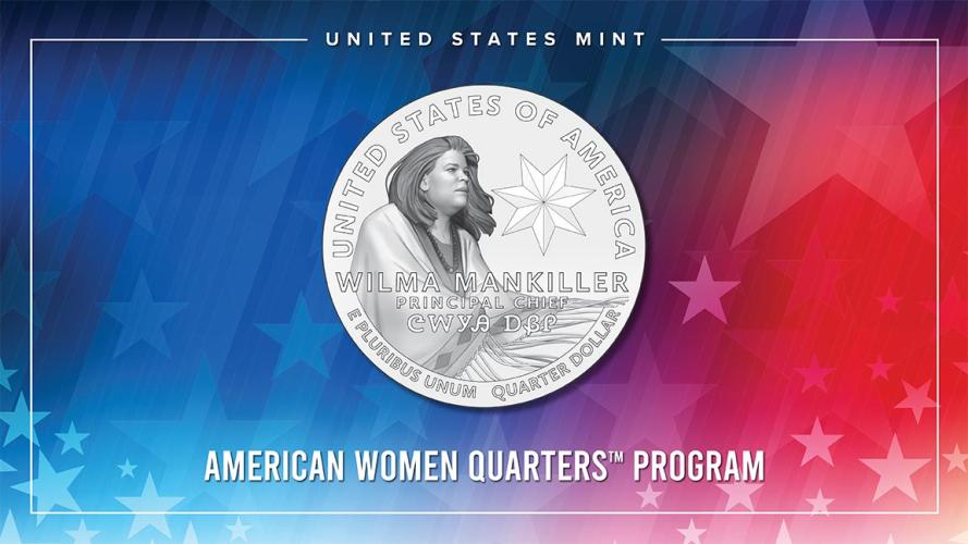 Coin depicting Wilma Mankiller, wearing a traditional shawl, and the seven-pointed star of the Cherokee Nation