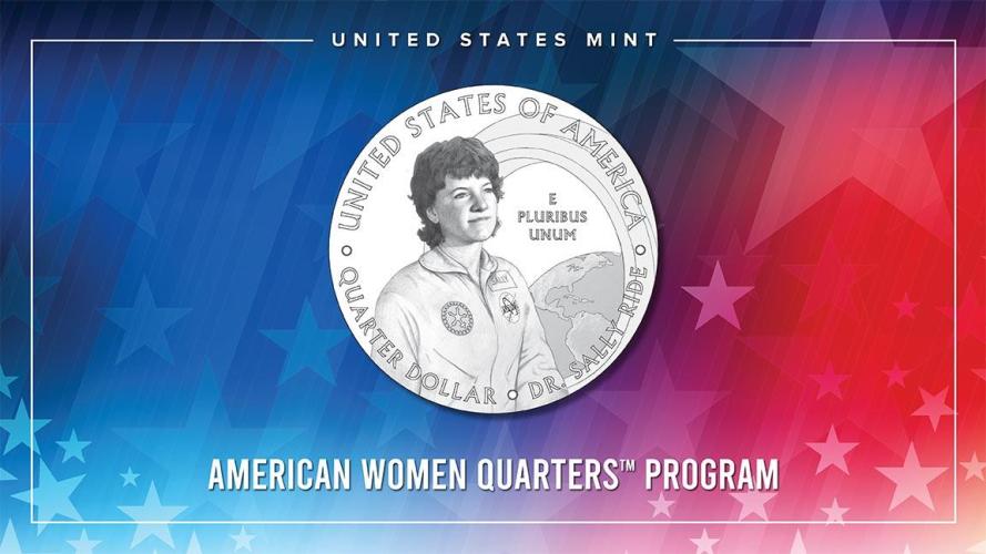 Graphic with illustration of quarter featuring Sally Ride in her space sit, with the earth in the background