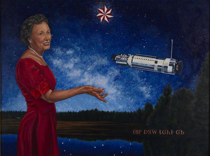 Painting of Mary Golda Ross wearing a red dress and pearls against a night sky background with a 7-point star, a missile, and Cherokee syllabary writing