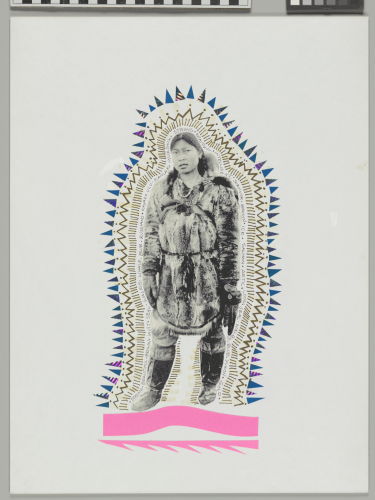 Collage with photo of young Inuit woman in traditional outfit, outlined by colorful shapes and lines