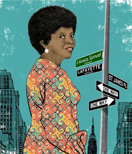 Illustration of S. Anesta Samuel standing on a New York City intersection of S. Anesta Samuel Ave., LaFayette Ave., and St. James Pl. She wears a colorful dress with swirls.