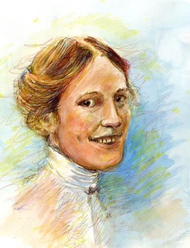 Illustration of Phoebe Waterman Hass, who smiles at the viewer. Her hair is pinned up and she wears a white shirt with a high collar.