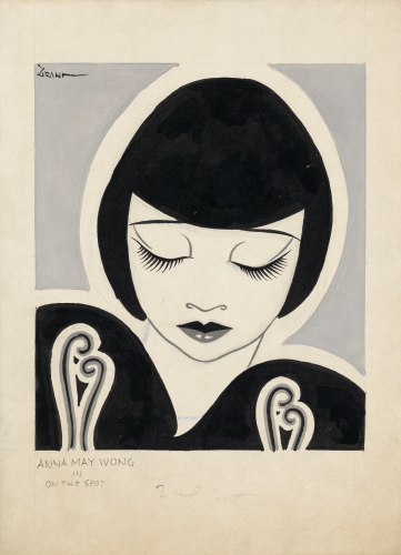 Black and white drawing of Anna May Wong from the shoulders up. She is depicted with exaggeratedly large eyes that are shut. “Anna May Wong in On the Spot” is written in the bottom left corner.