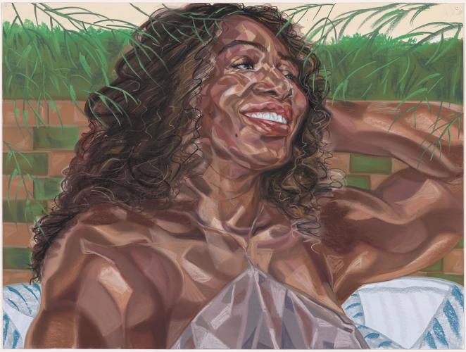 Pastel portrait of Serena Williams similing with bare shoulders and long hair. She is framed by green foliage.