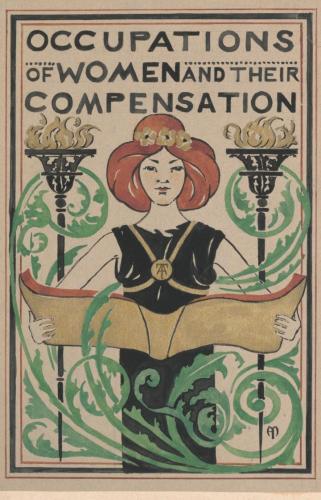   Drawing of a woman in a black dress, with gold bands across her chest and a medallion at the center with the letters AT, stands holding an open book with a gold cover. There are two lit torches behind her and green swirls.