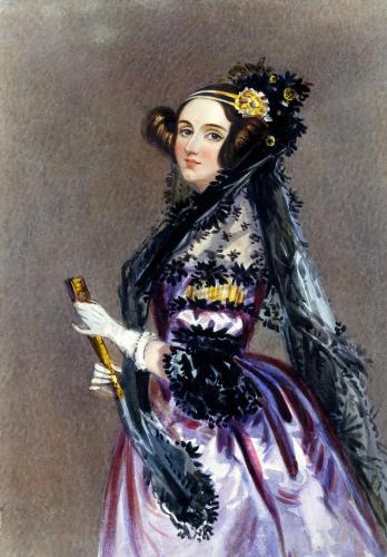 Ada Lovelace in a purple gown holding a gold fan.