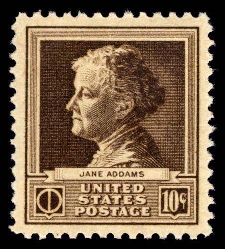 Stamp featuring profile of Jane Addams, her name, and the text: United States Postage 10 cents