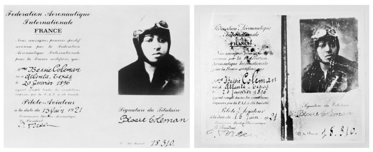 Two images of Bessie Coleman&#039;s pilot license, issued in France, each including a photo of Coleman wearing an aviator hat and goggles