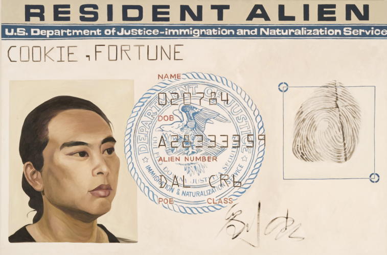 Painting imitating an immigrant visa for Fortune Cookie. The visa reads Resident Alien at the top.