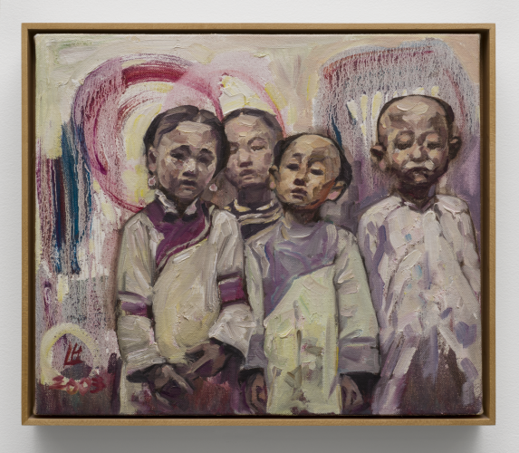 Painting of four young Chinese girls with colorful circles behind them