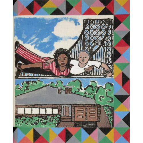 In this hand-painted etching on linen, Faith and Burdette Ringgold hold each other as they fly past a bridge. Below them is a brick house, surrounded by trees.