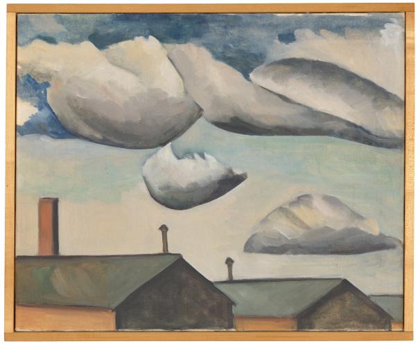 A painting of clouds moving across a blue-gray sky and the roofs of two buildings with chimneys.