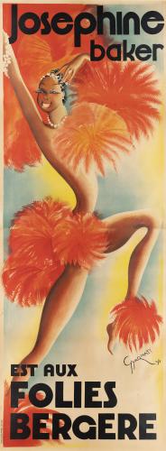 Colorful poster advertising Josephine Baker with the French text “est aux folies bergere.”  