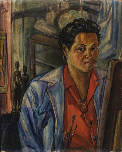 Colorful self-portrait painting of Loïs Mailou Jones standing in front of an easel. 