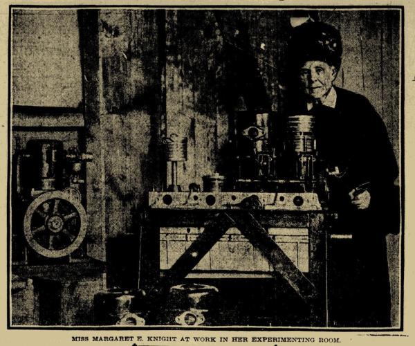 Yellowed newspaper clipping with a photo of Margaret Knight standing behind one of her inventions. 