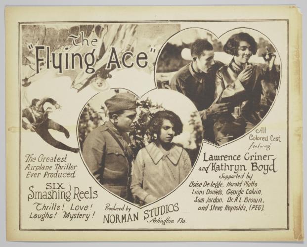 A black and white lobby card featuring two heart-shaped vignette photos, one of Kathryn Boyd with Lawrence Criner, in a WWI uniform, and one of a Boyd with another man
