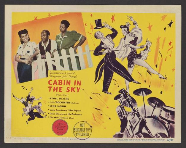 The lobby card has a bright yellow background spangled with stars and musical notes. In the top left corner there is a photograph of Lena Horne, Eddie Anderson, and Ethel Waters standing at a white picket fence.