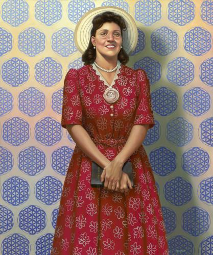 Painting of Henrietta Lacks standing against a background with a repeating geometric Flower of Life motif. She wears a hat and pearls and she holds a Bible.