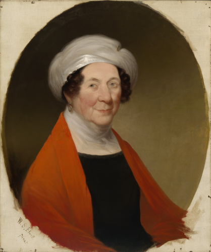 Painting of Dolley Madison wearing a turban and a red shawl