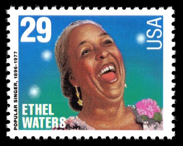 Ethel Waters singing on a US Stamp. Text around her reads: 29, USA, Ethel Waters, Popular Singer, 1896-1977