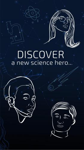 Line drawings of women scientists in white on a dark, starry background.