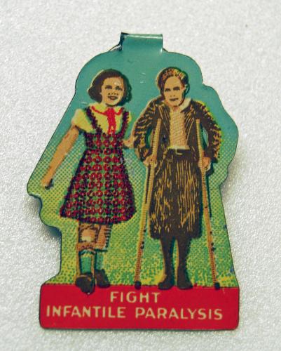 Metal button with a colored image of a boy and girl; the boy has crutches. Text on the bottom of the button reads: "Fight Infantile Paralysis."
