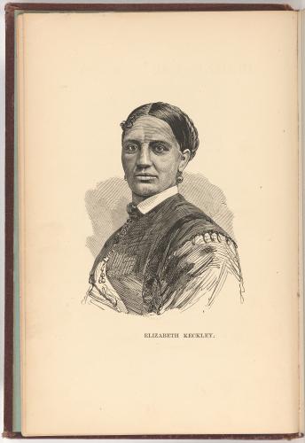 Black and white printed portrait drawing of Elizabeth Keckly on aged paper. Book cover is visible.