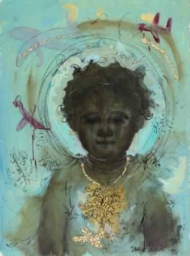 Painting of a small Dominican child with a gold necklace in the shape of a tree and a swirling halo with gold details and swirling color splashes shaped like airplanes