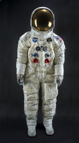 Color photograph of the front of the full Apollo 11 spacesuit worn by Neil Armstrong.