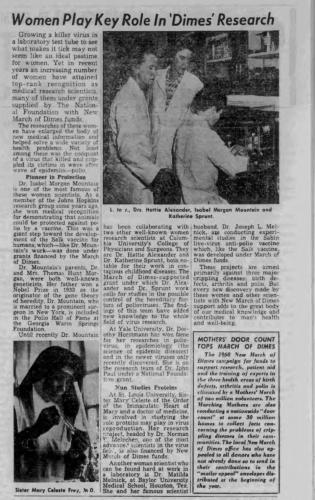 Newspaper clipping of a three-column story with a photograph of a woman in a nun's habit and a second photograph of three women wearing lab coats. 