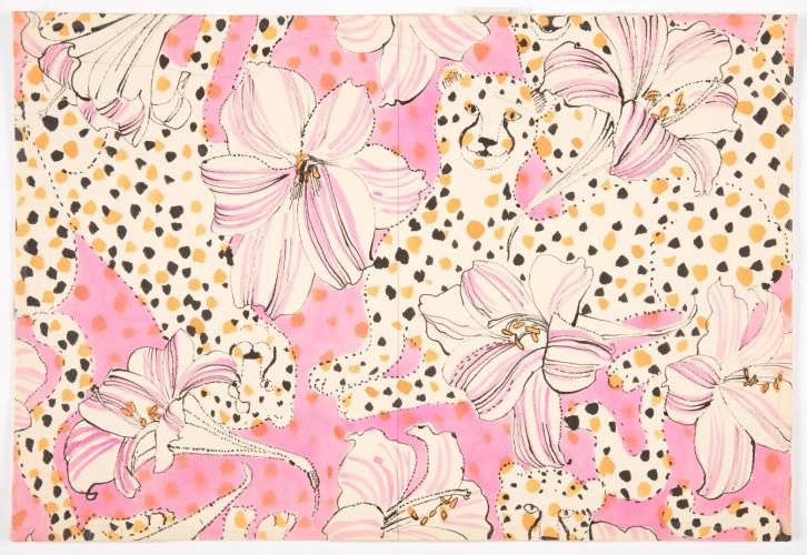 Pattern of lilies and white tigers with black and orange spots. The background is pink with orange spots.